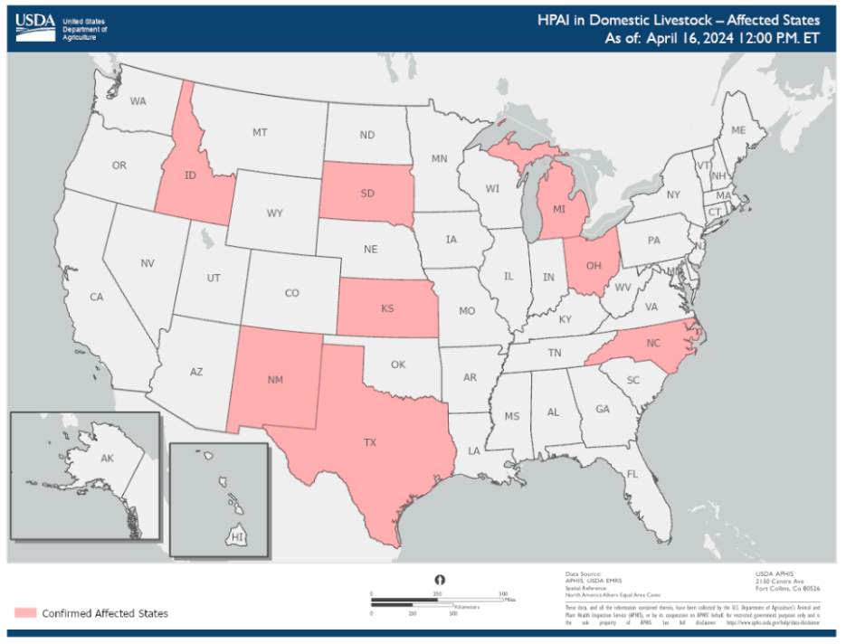 USDA map of bird flu in cattle