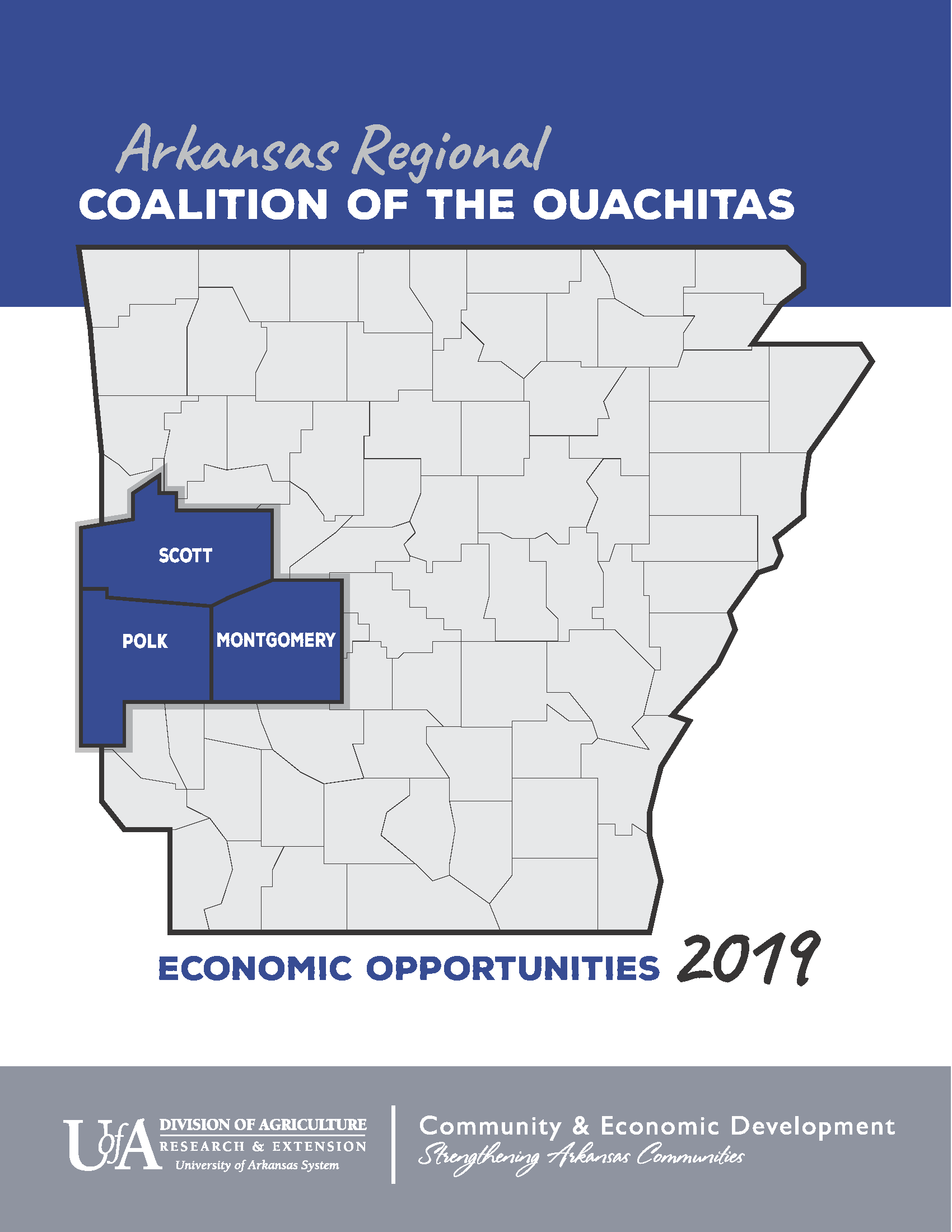 An image of the cover for the publication "ARCO Regional Opportunities 2019".  The cover art is a map of the state of Arkansas with Scott, Polk and Montgomery couties highlighted.