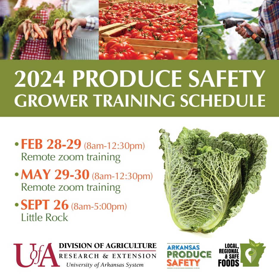 2024 Produce Safety Grower Training Schedule. February 28-29 8am-12:30pm via Zoom. May 29-30 8am-12:30pm via Zoom. September 26 8am-5pm in Little Rock.