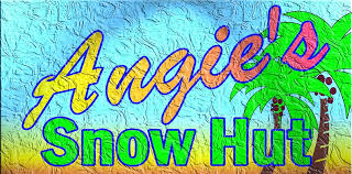The words "Angie's snow hut" written in pink, green, and yellow