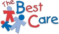 The Best Care written in Red and Blue printed letters, Drawing of 3 stick people colored in red and blues
