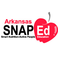 Stacked text reading Arkansas, then SNAP-Ed, then Smart Nutrition – Active People Education with red apple behind right-side of text