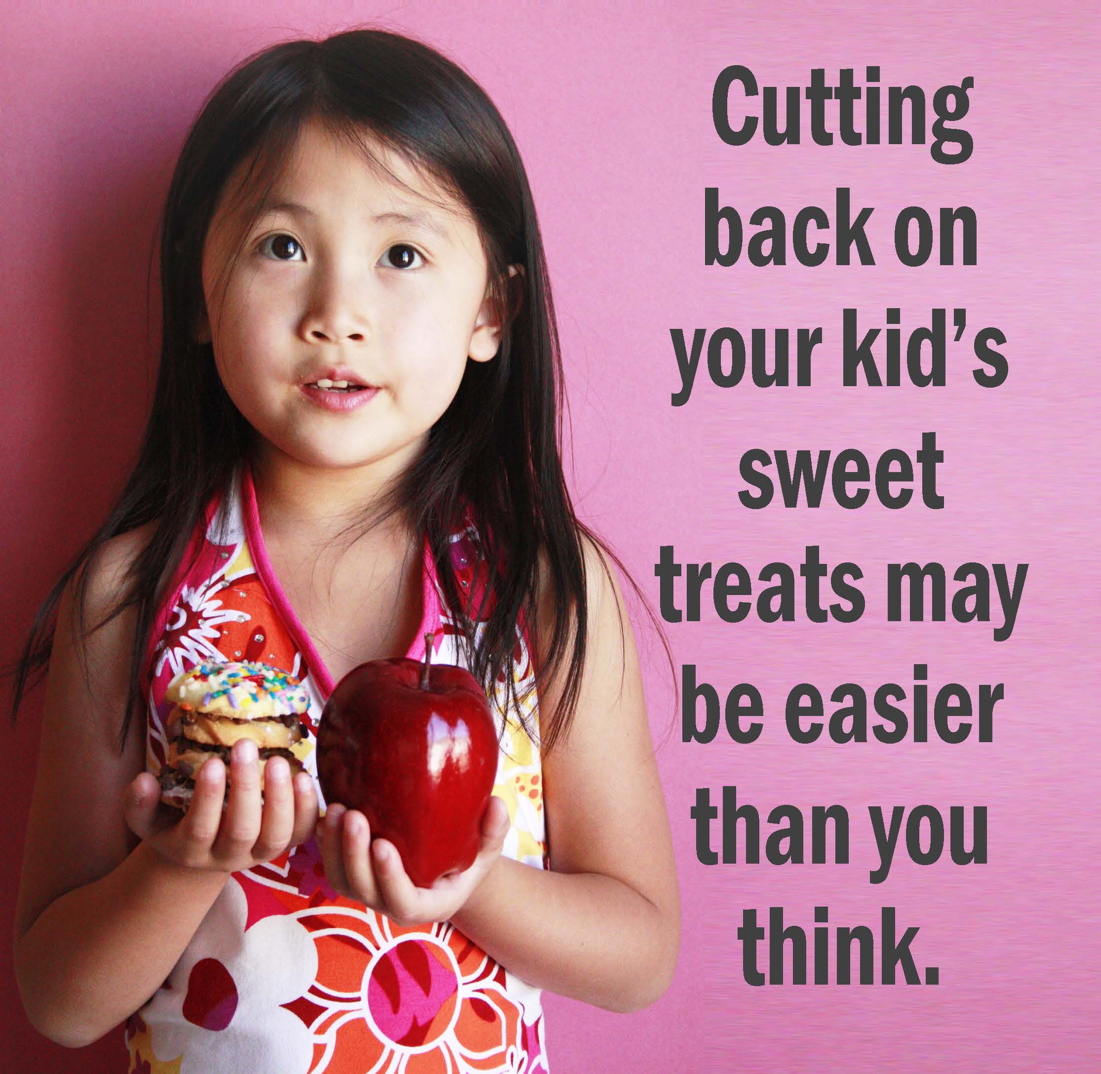 Cover photo of Ways to Reduce Sugar pdf. Young girl chooses between a stack of cookies in her left hand and an apple in her right.