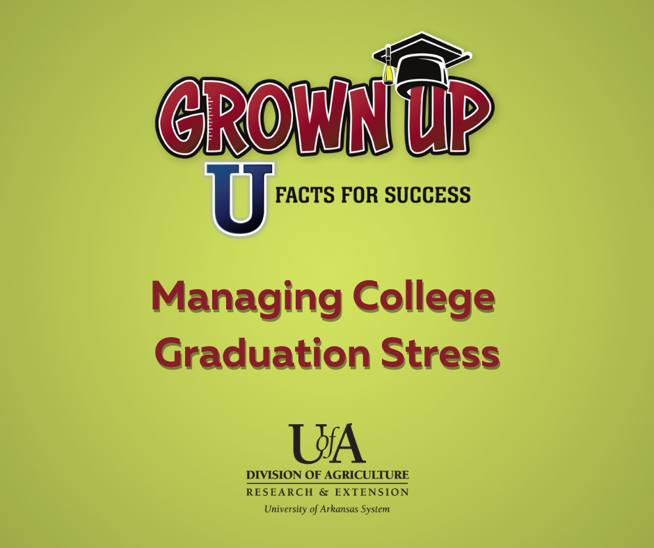 Image contains the Grown Up U and University of Arkansas System Division of Agriculture logos and the episode title, "Managing College Graduation Stress" on a green background