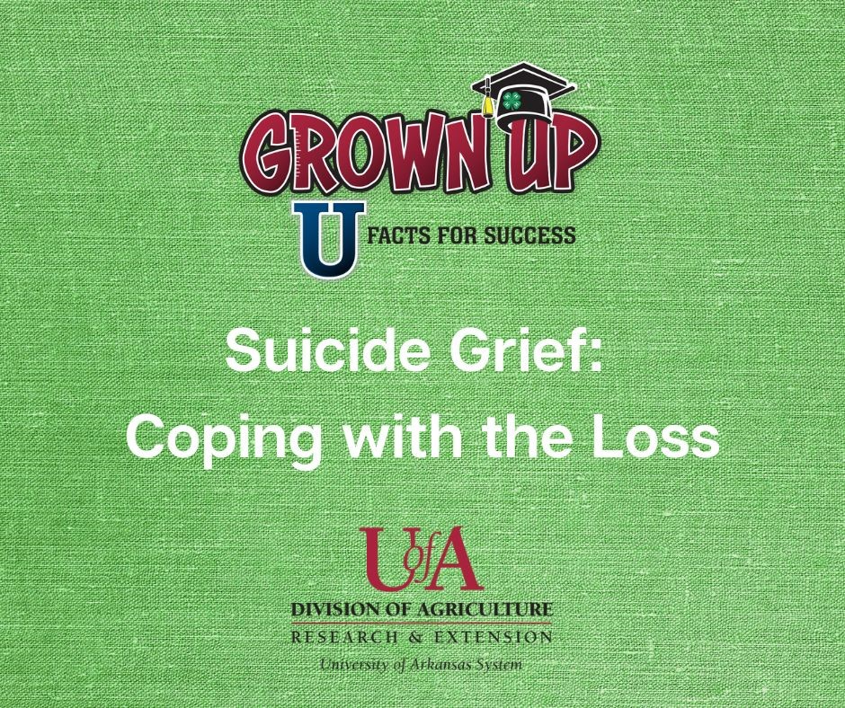 Contains the Grown Up U and the UofA System Division of Agriculture Research and Extension logos and the episode title, "Suicide Grief: Coping with the Loss" on a green background