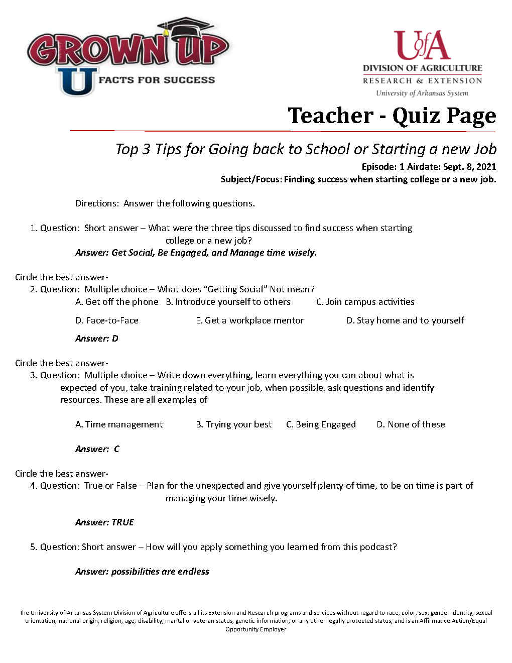 Sample picture of the teacher version of the Grown Up U podcast student quizzes available through your local county extension agent.
