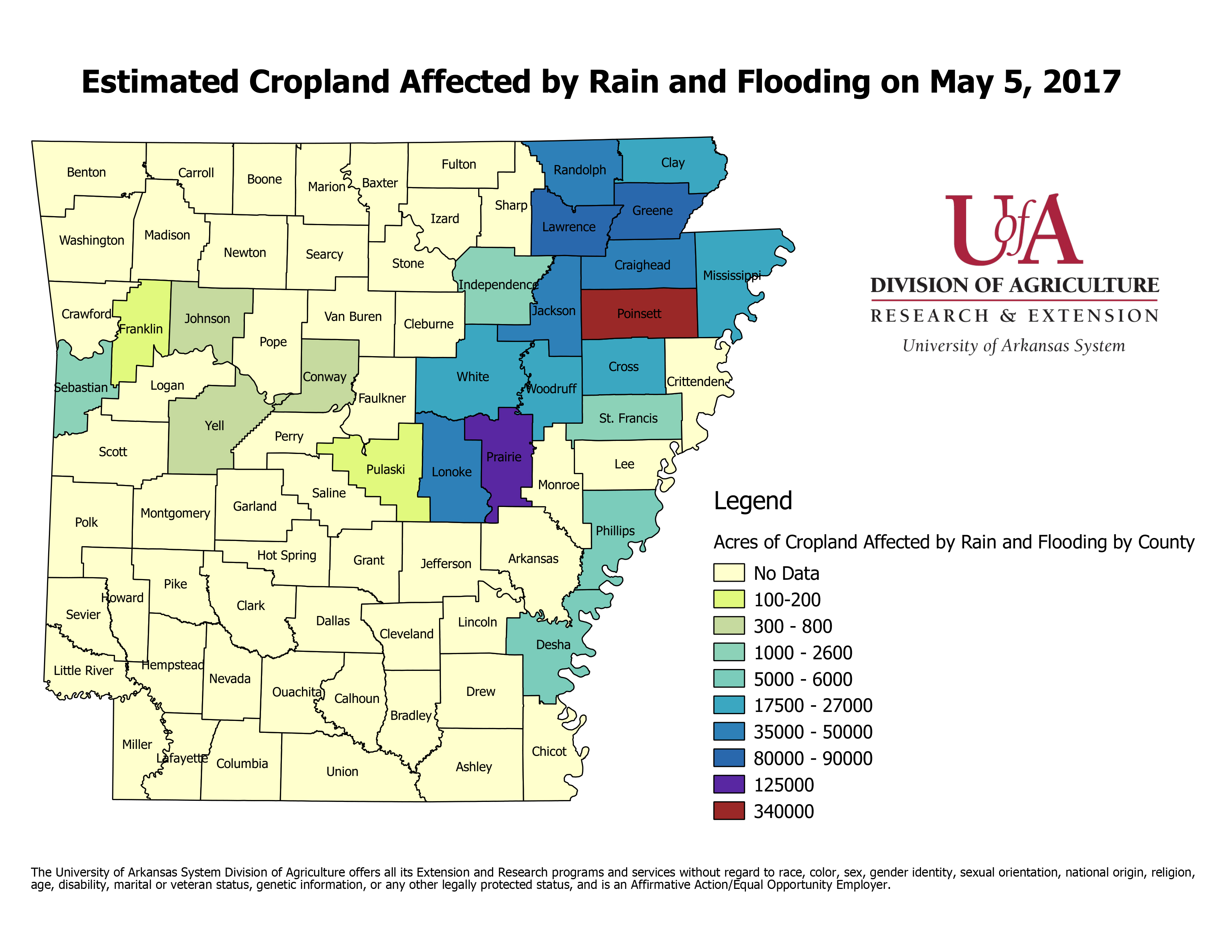 Map showing cropland affected by flooding.
