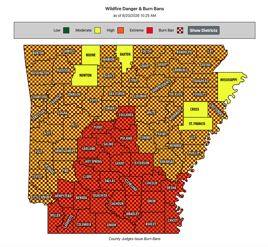 Map showing burn bans throughout Arkansas.