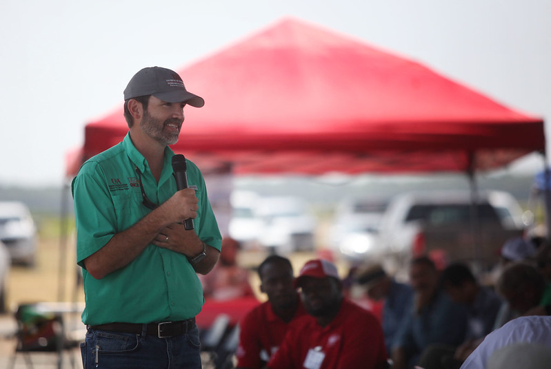 Jarrodf Hardke speaks in front of a crowd