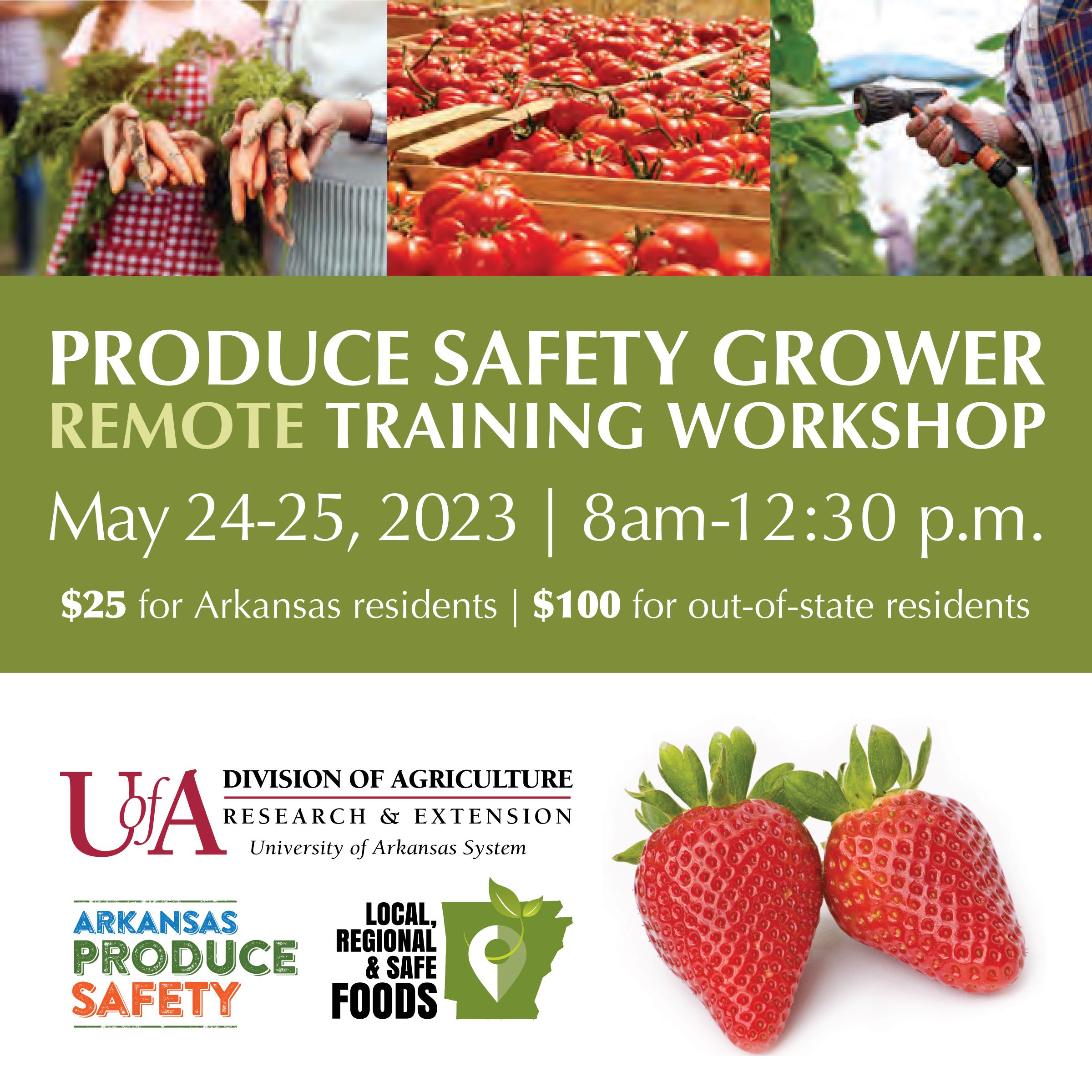 PRODUCE SAFETY GROWER REMOTE TRAINING WORKSHOP. May 24-25, 2023 | 8am-12:30 p.m.. $25 for Arkansas residents | $100 for out-of-state residents