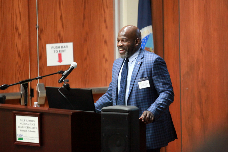 Deacue Fields addresses other attendees at of the Dale Bumpers National Rice Research Center