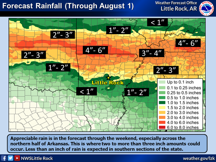 Forecast rain totals with higher amounts in northern Arkansas
