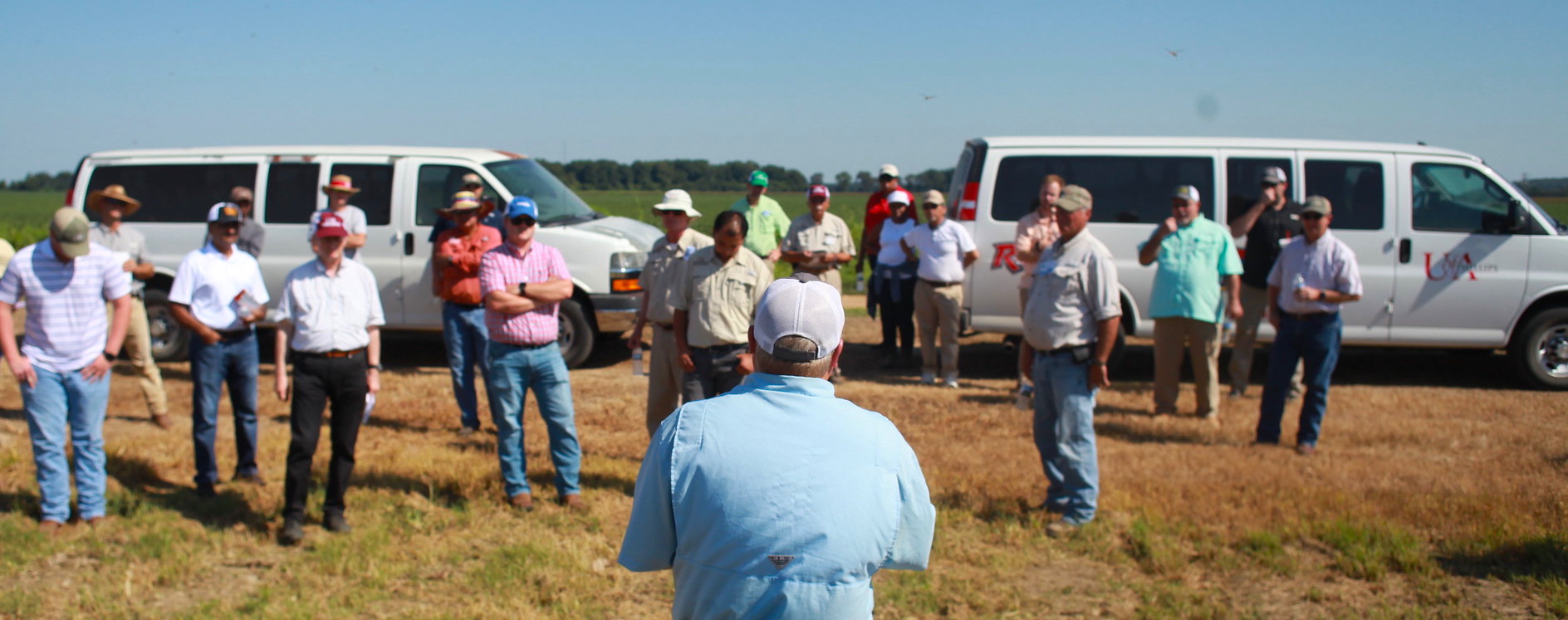 In-person field day event. A researcher stands in front of a group of attendees with his back to the camera.