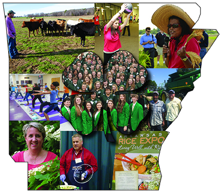 Arkansas Cooperative Extension Service programs state of arkansas outline with multiple images of extension employees and 4h logo in the center