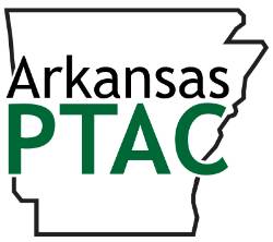  Green outline of the state of Arkansas with letters "PTAC" and "Arkansas Procurement Technical Assistance Center" in black