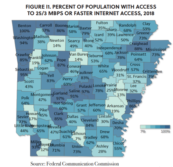 Map of internet access by county in Arkansas