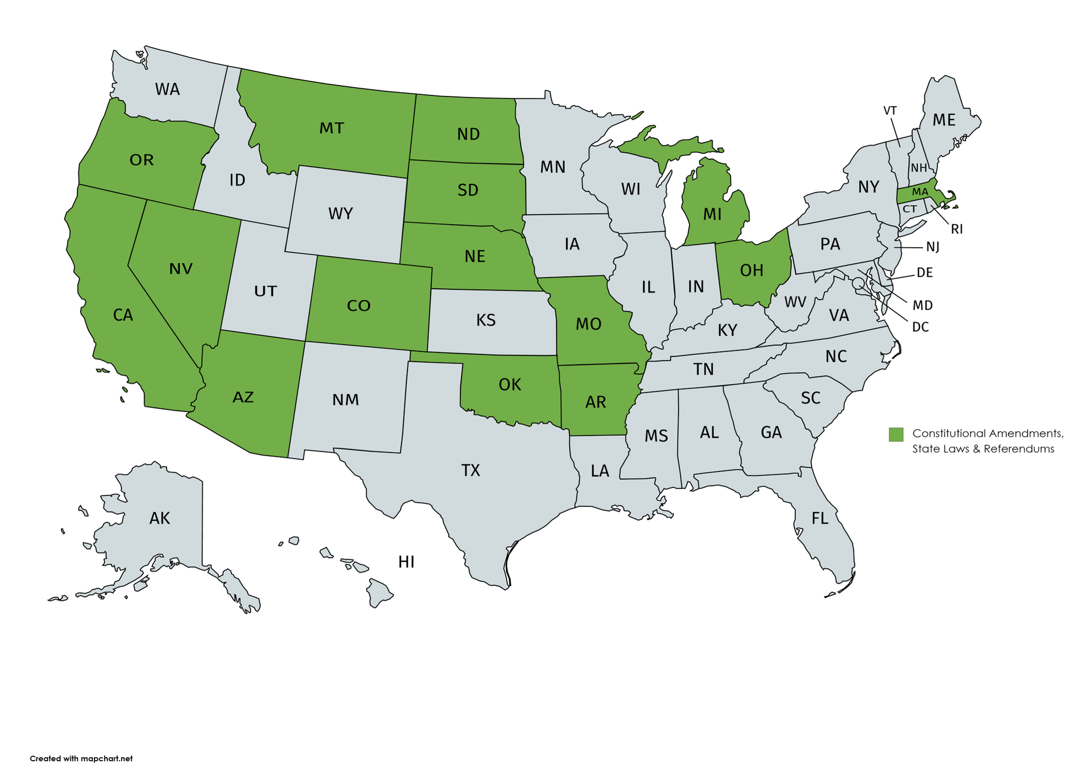 Map of U.S. states where citizens can put on the ballot a proposed constitutional amendment, state law and referendum. See list below for those states.