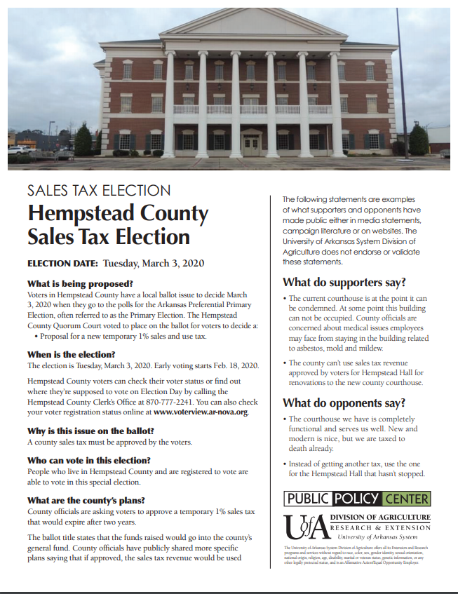 Cover of 2020 Hempstead County Ballot Issue Fact Sheet