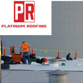 Platinum Roofing graphic with photo of employees on roof.