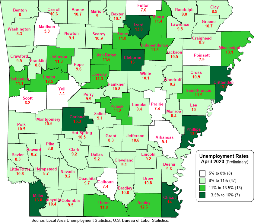 Map of Arkansas Counties Unemployment Rates