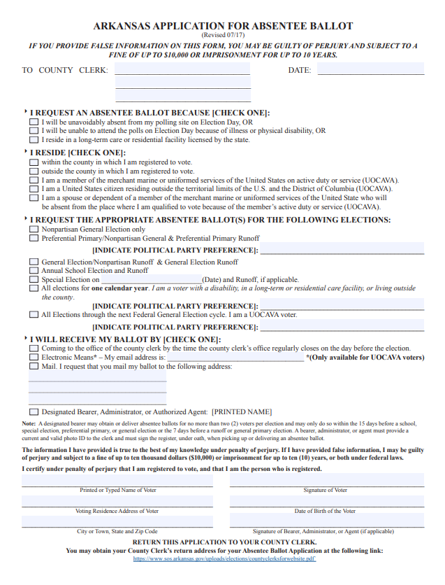 Absentee Ballot Request Form for Arkansas