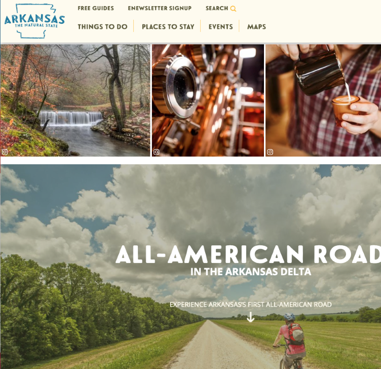 Screenshot of Arkansas.com with images of people enjoying tourism