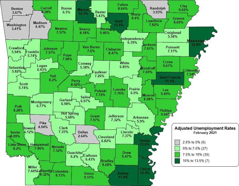Adjusted Unemployment Rates in Arkansas Feb 2021