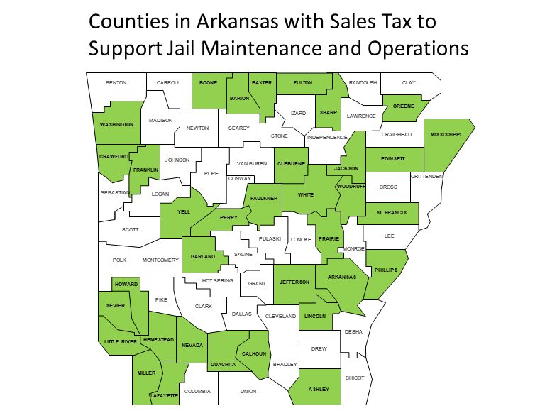 Map of Arkansas with counties in green having sales taxes to support the county jail's maintenance and operations