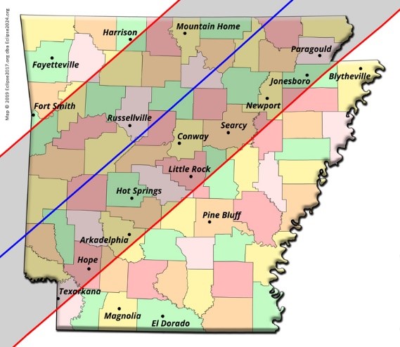 2024 solar eclipse path across map of Arkansas