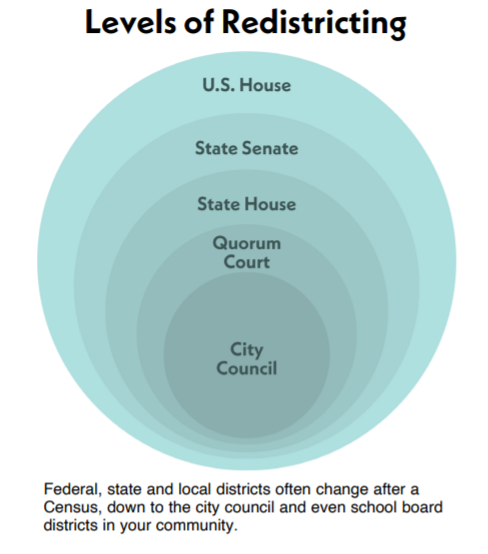 A series of circles describing the levels of redistricting, from city council to United States House