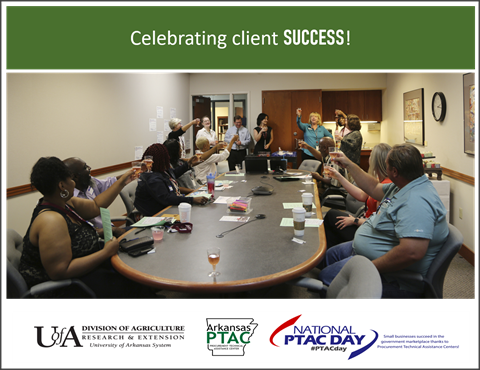 Arkansas PTAC staff and clients toasting with sparkling cider during the 2019 PTAC Day celebration.