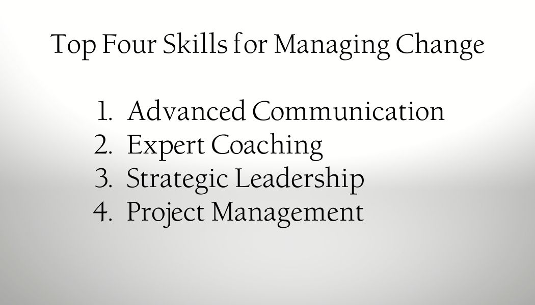 Top Four Skills for Change Management-communication, strategic leadership, coaching, and project management