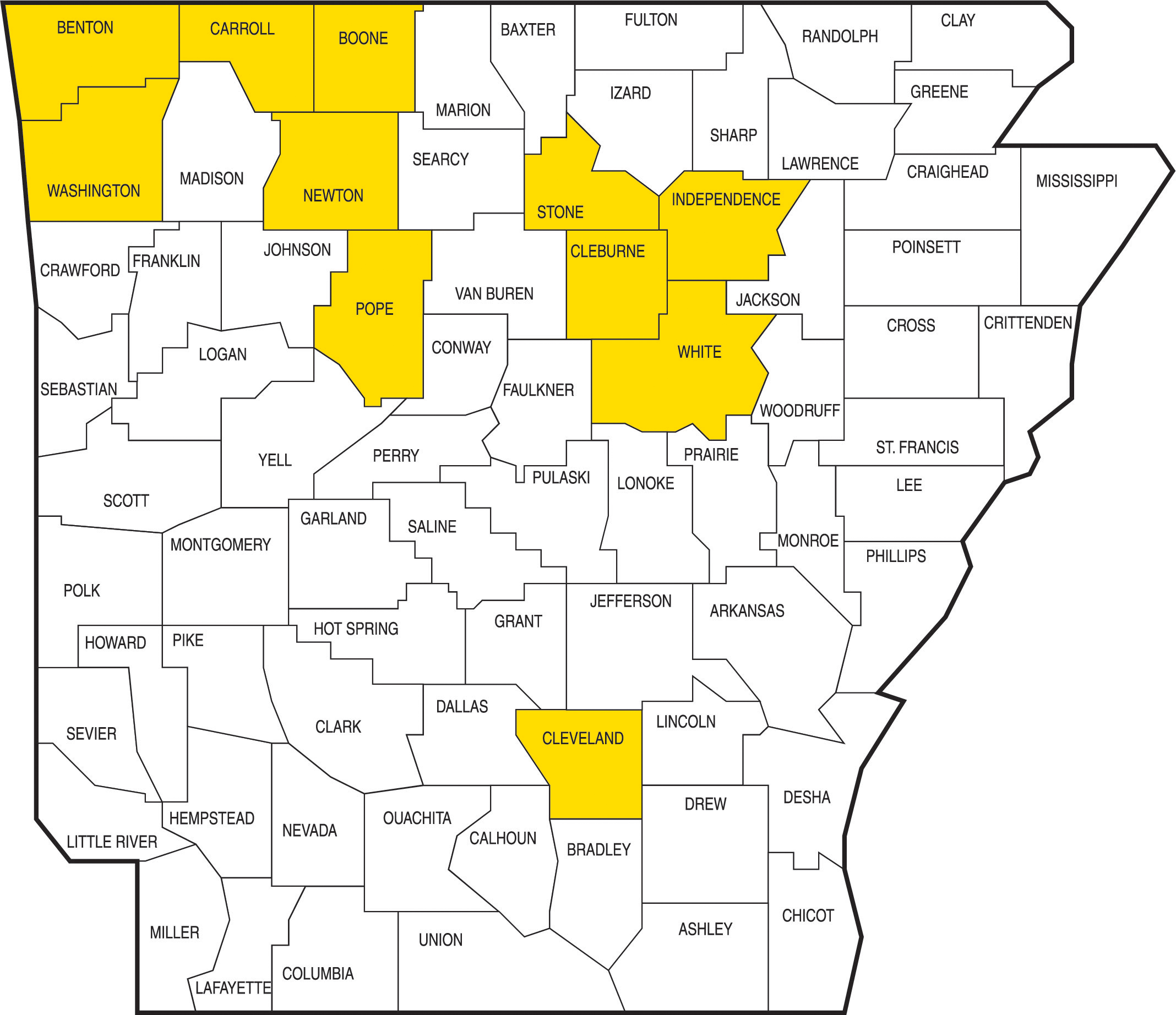 Map of Arkansas with 11 counties highlighted in yellow. The highlighted counties are where voters rejected the casino amendment in 2018. Highlighted counties: Benton, Boone, Carroll, Cleburne, Cleveland, Independence, Newton, Pope, Stone, Washington and White counties.