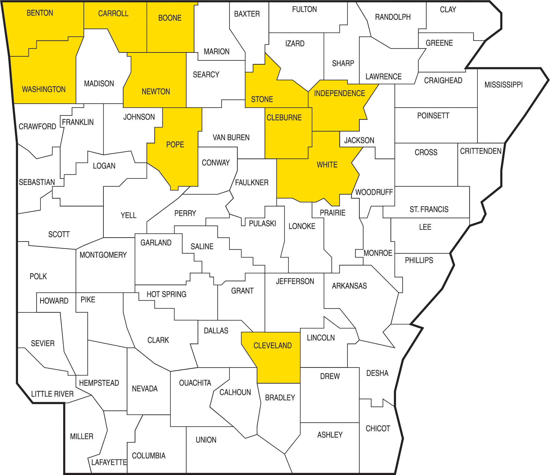 Map of Arkansas with 11 counties highlighted in yellow. The highlighted counties are where voters rejected the casino amendment in 2018. Highlighted counties: Benton, Boone, Carroll, Cleburne, Cleveland, Independence, Newton, Pope, Stone, Washington and White counties. Map of Arkansas with 11 counties highlighted in yellow. The highlighted counties are where voters rejected the casino amendment in 2018. Highlighted counties: Benton, Boone, Carroll, Cleburne, Cleveland, Independence, Newton, Pope, Stone, Washington and White counties.