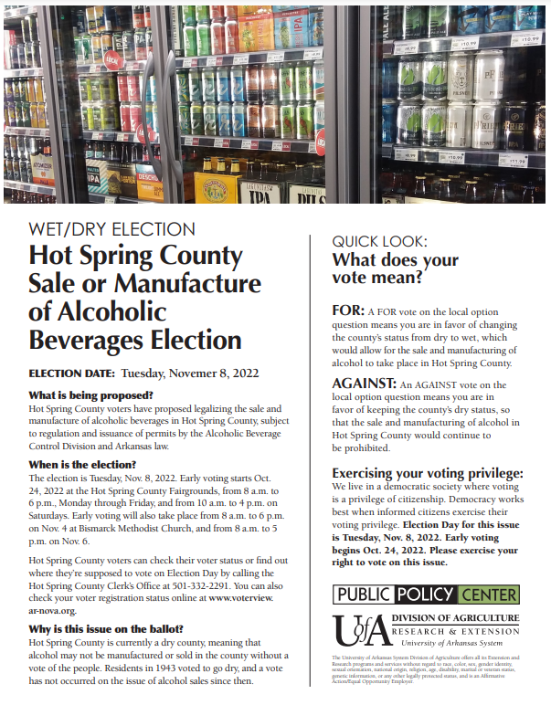 Cover of Hot Spring County 2022 Alcohol Election Fact Sheet
