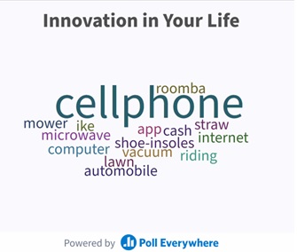 Word Cloud showing poll answers: cellphone, roomba, mower, ike, microwave, computer, lawn, automobile, vacuum, riding, shoe-insoles, app, cash, straw, internet