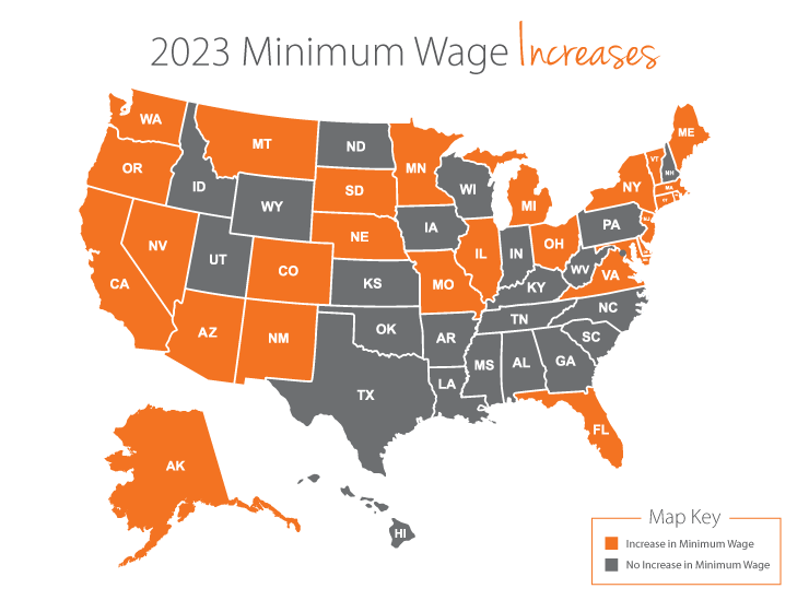 U.S. map showing minimum wage increases