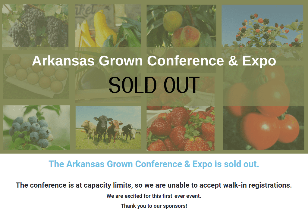 Screenshot of Arkansas Grown Conference Website saying sold out