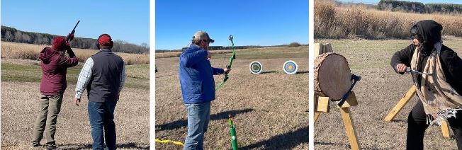 Photo collage of iLEAD practicing 4-H shooting sports, including a rifle, bow and arrow, and an axe