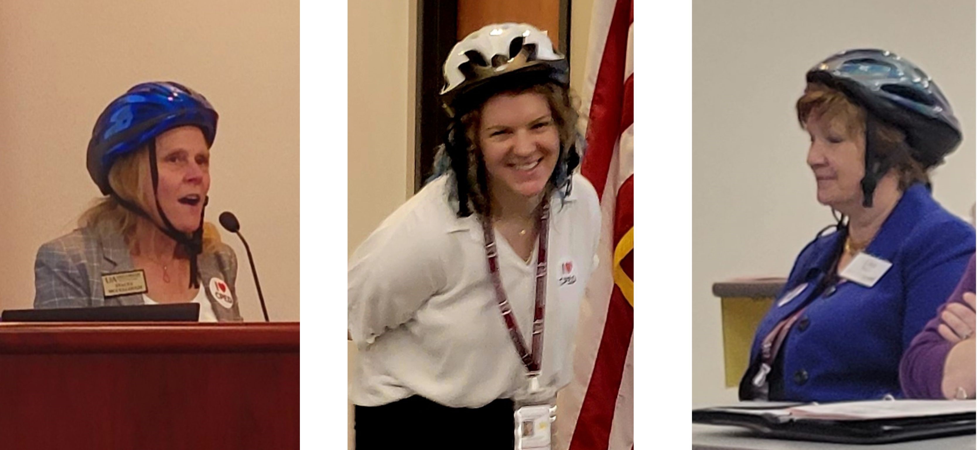 CPED employees wearing bicycle helmets