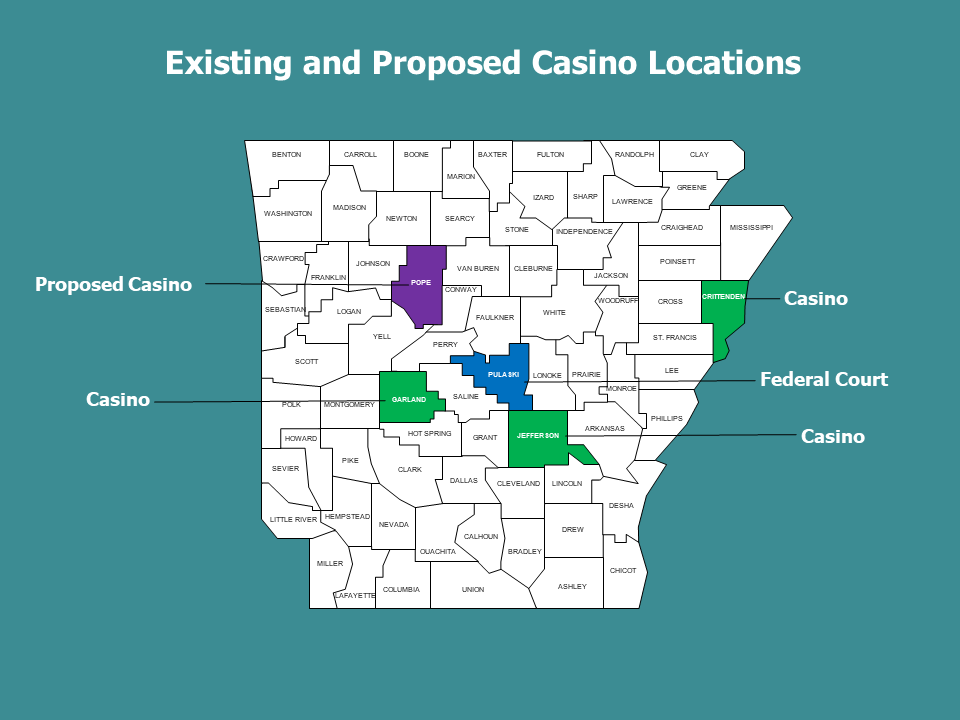 Map of casino locations in Arkansas, including Jefferson, Garland and Crittenden counties. 