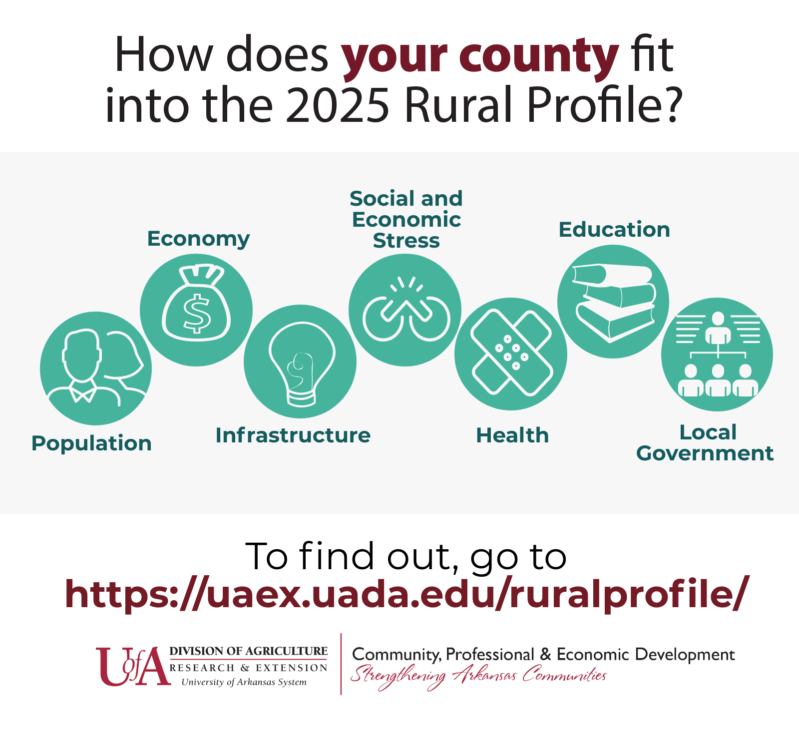 Infographic showing an icon for each chapter in the Rural Profile of Arkansas. An outline of two people for population, a money bag icon for economy, a lightbulb icon for infrastructure, a broken link icon for social & economic stress, a bandage icon for health, a book icon for education, and a people hierarchy diagram icon for local government.
