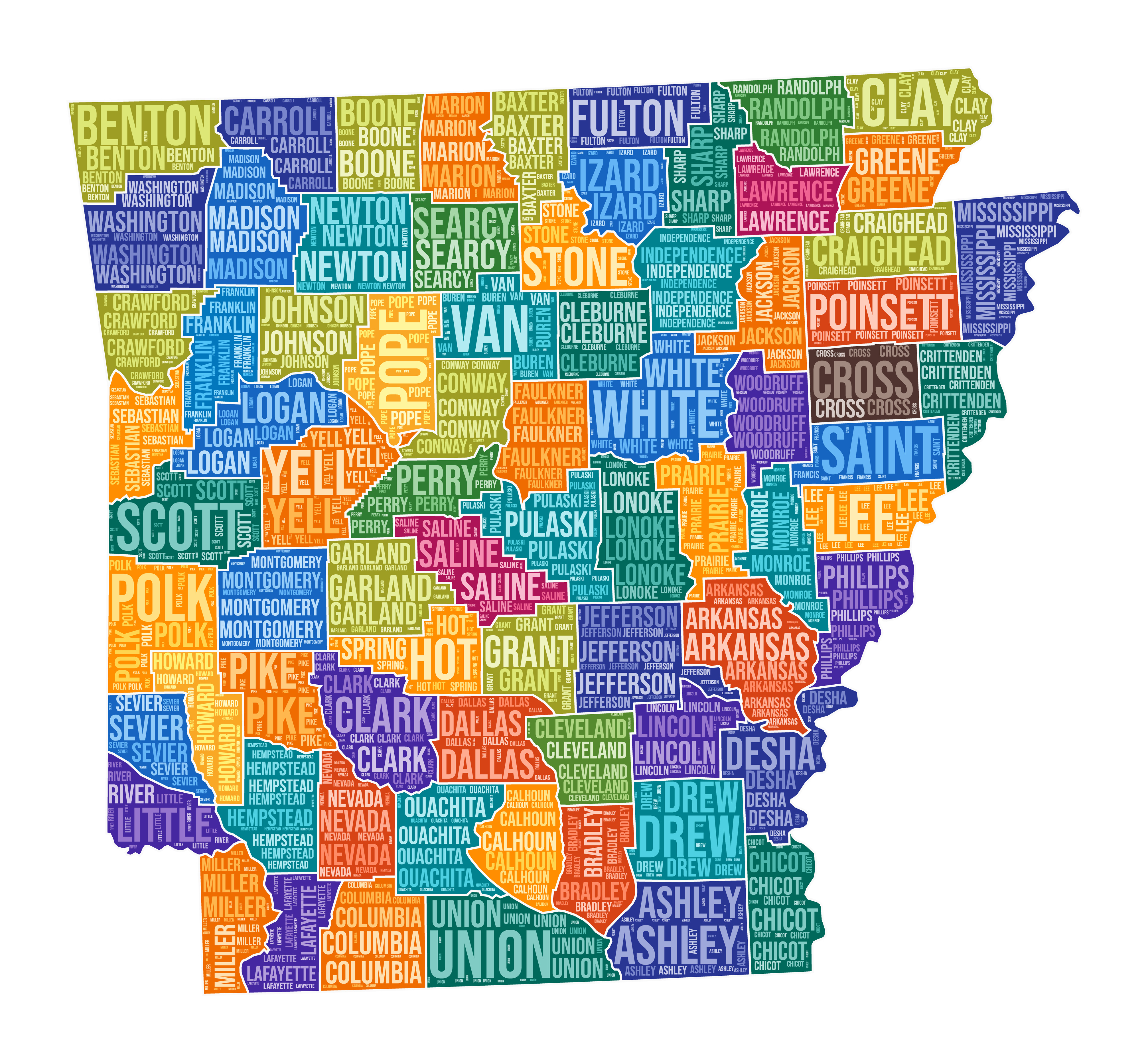 Decorative figure of Arkansas divided by county lines