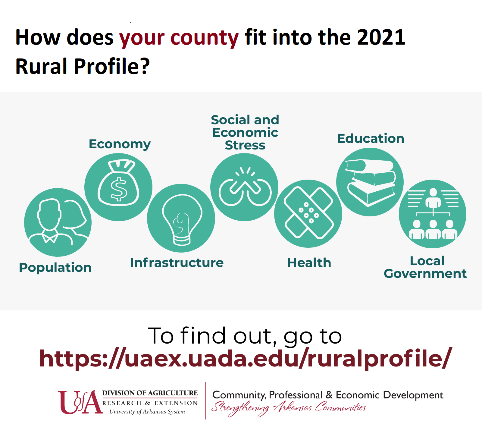 Infographic showing an icon for each chapter in the Rural Profile of Arkansas. An outline of two people for population, a money bag icon for economy, a lightbulb icon for infrastructure, a broken link icon for social & economic stress, a bandage icon for health, a book icon for education, and a people hierarchy diagram icon for local government.