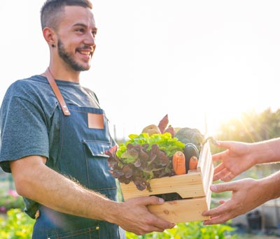 Community Supported Agriculture (CSA) Businesses Farmer hands box of produce to customer