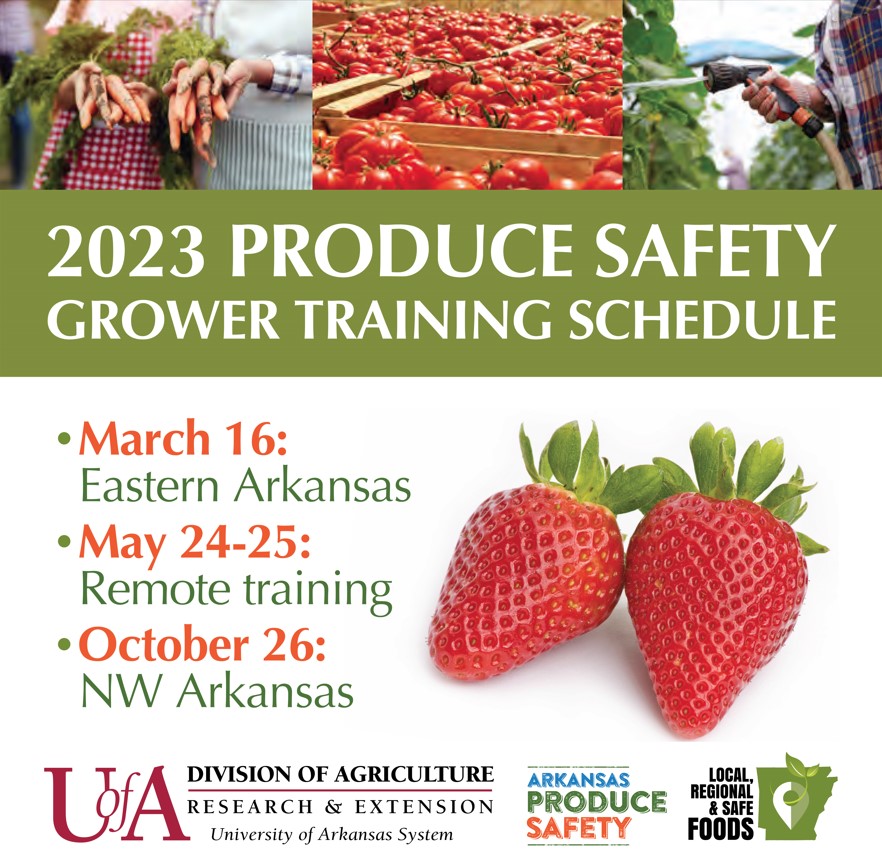 This photo list the 2023 Produce Safety Grower Training schedule. March 16 in Eastern Arkansas, May 24 to 25 as a remote training, October 26 in Northwest Arkansas 