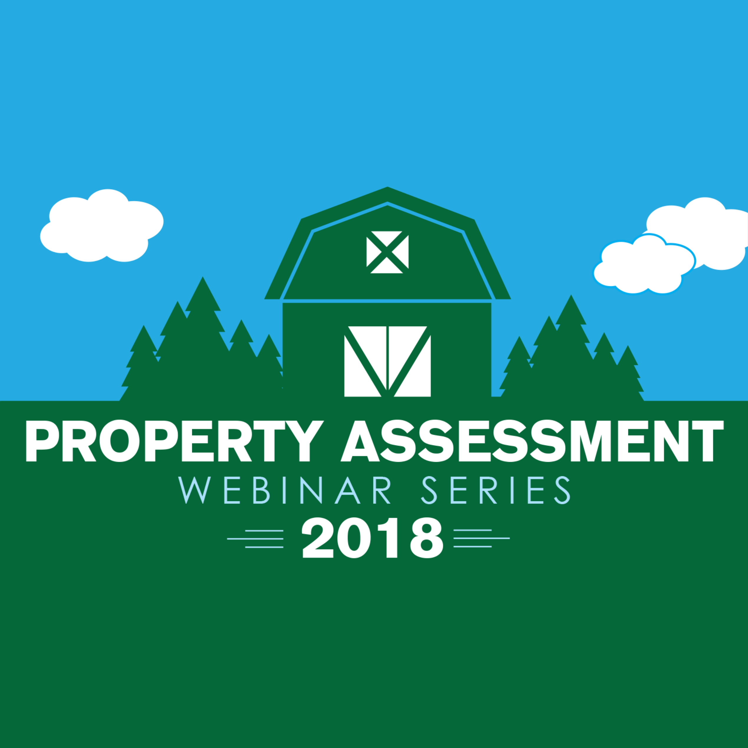 Image of the Arkansas Property Assessments Webinars Logo.  A white barn surrounded by trees with a blue and green backround and the text "Property Assessment Webinar Series".