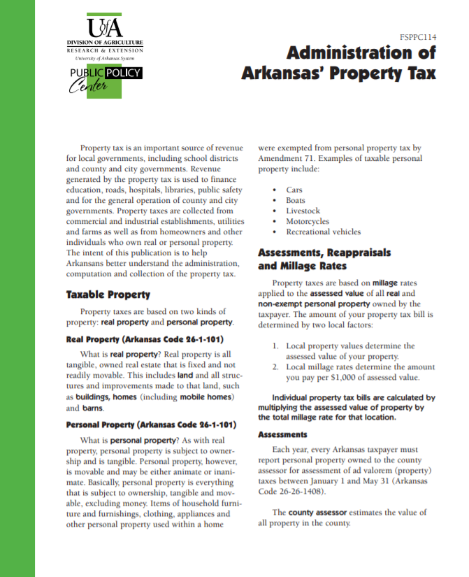 Image of the cover of the Arkansas Property Tax Fact Sheet