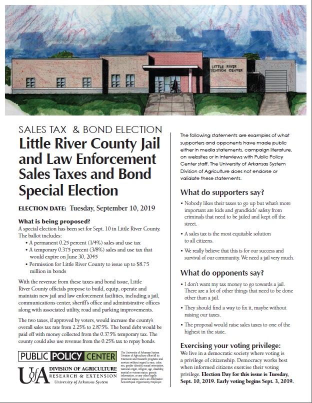 Front cover of fact sheet on Little River, Arkansas 2019 sales tax and bond election