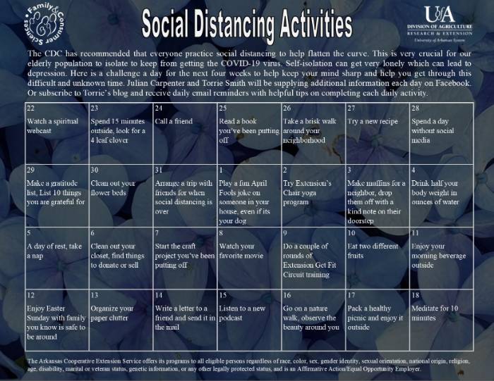 4 Week Self Distancing Activity Chart
